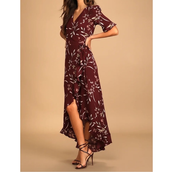 NWT Lulus Wild Winds Burgundy Floral Print High-Low Wrap Dress Medium - Picture 1 of 6